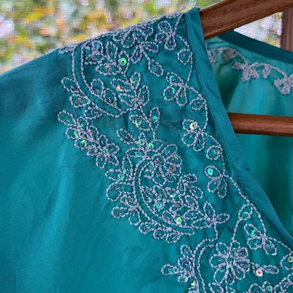 Calypso St Barth Women's Seafoam Green Beaded 100% Silk Blouse Size 0 - Picture 4 of 7